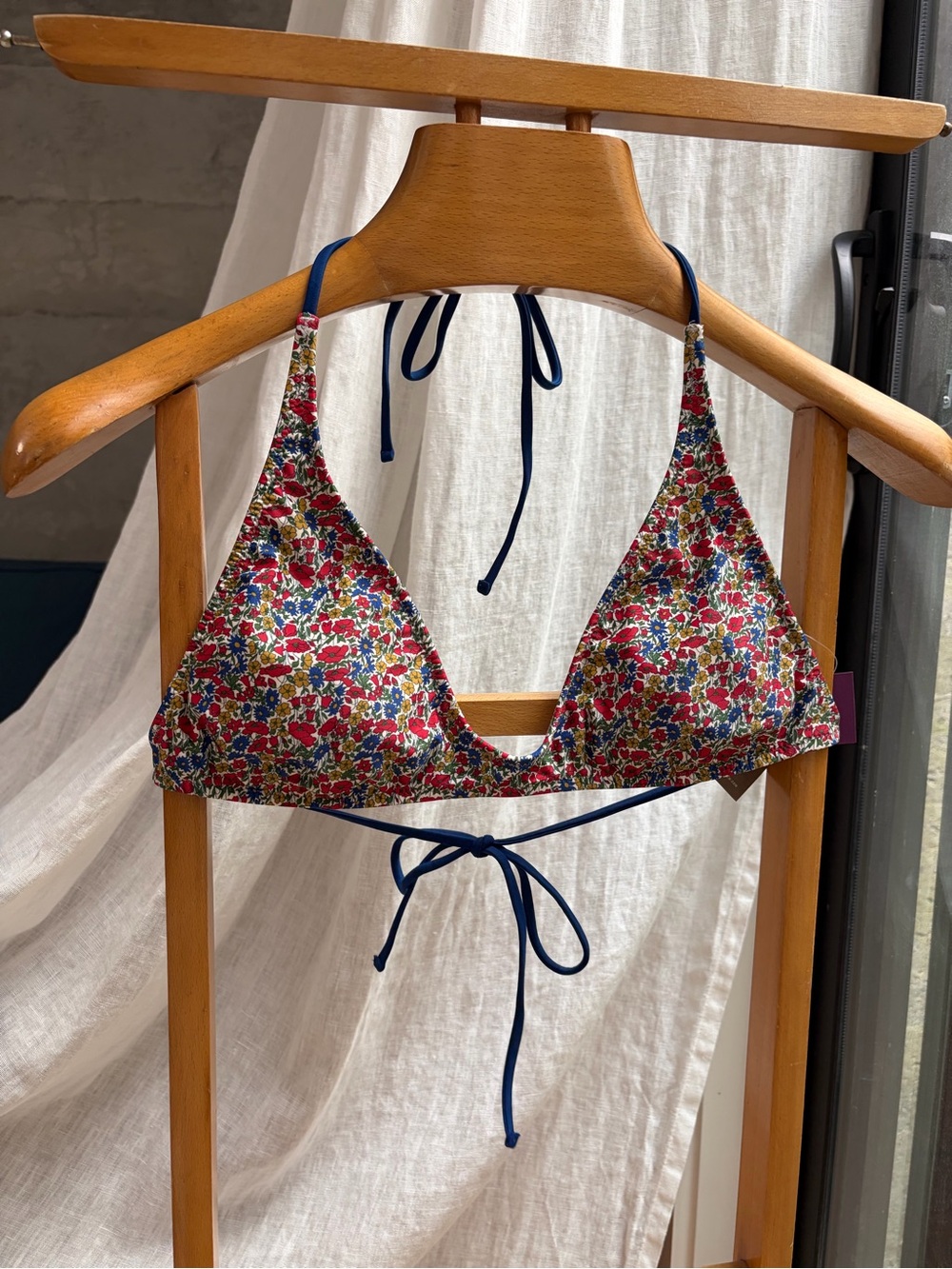 J. Crew x Liberty London Red Floral Triangle Bikini Top with Navy Ties